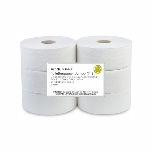 Großrolle Toilettenpapier weiss T1 Recycling, 2-lagig  2115 Blatt 6 Stück